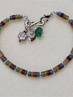 Multicolor Jade 8 inch Beaded Bracelet with Silver Charms